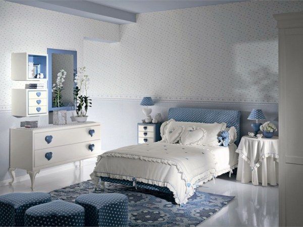 dormitor modern alb albastru fete